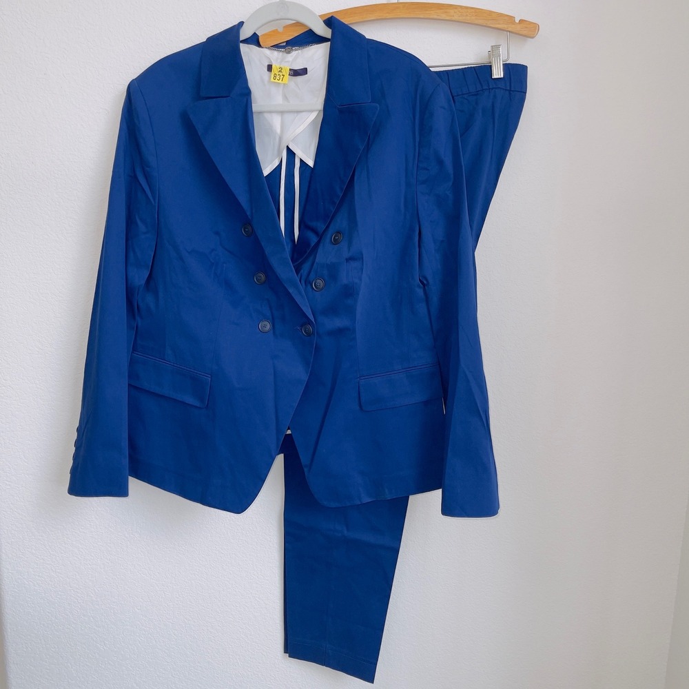 Laurèl Escada Womens Royal Blue Cotton 2 Piece Suit Set Blazer Pants USA 16 D46